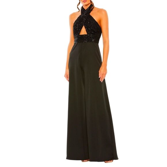Mac Duggal Sequin Bodice Halter Wide Leg Formal Jumpsuit Open Back Size 6 NWT
